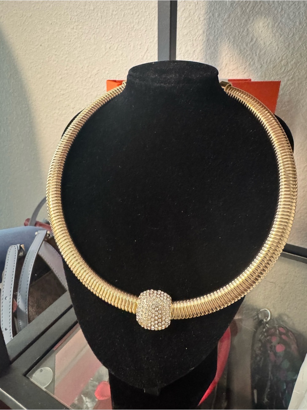Gold Women's Statement Collar Necklace with Pave Crystal Bead